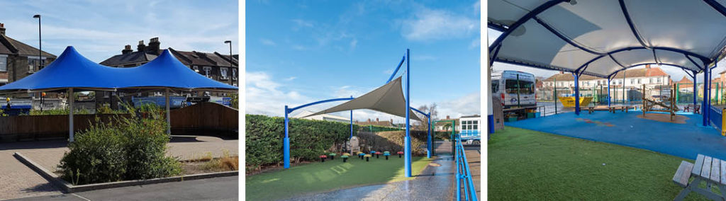 Three Streetspace school canopies used to create shade 