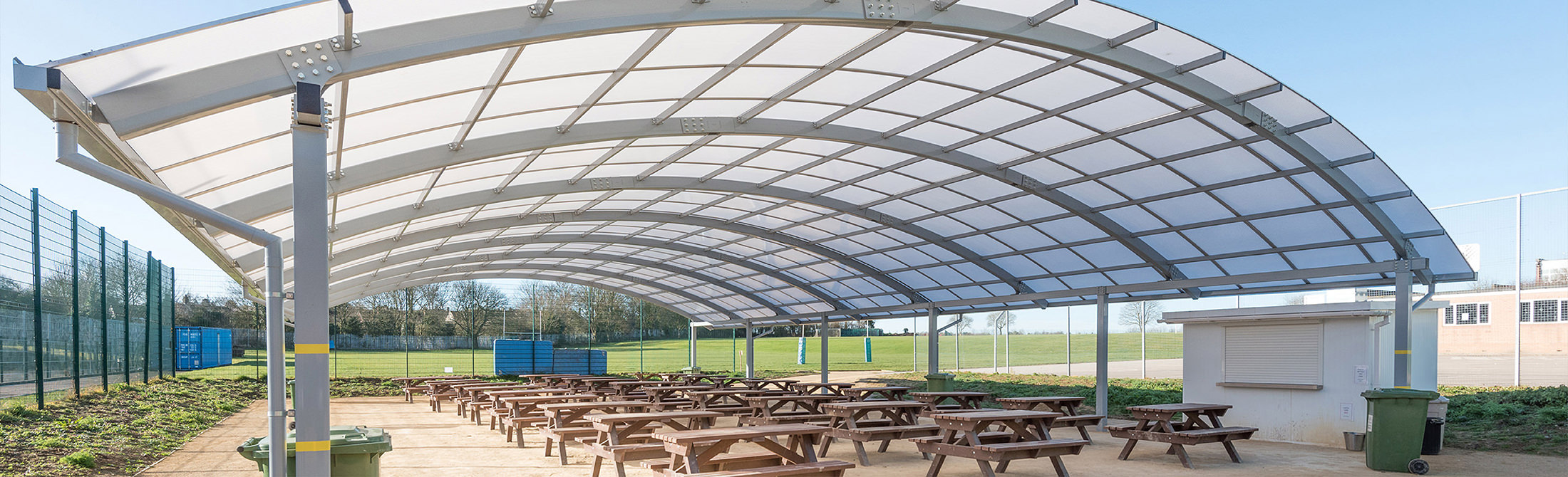 Polycarbonate covered outdoor seating area