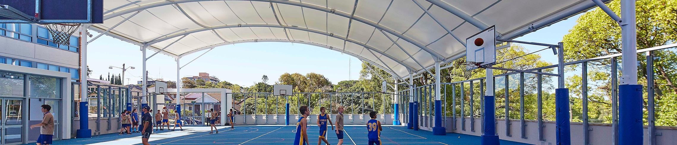 Sports Canopy to cover multiple basketball courts - Waverley College Rooftop Basketball Court Interior