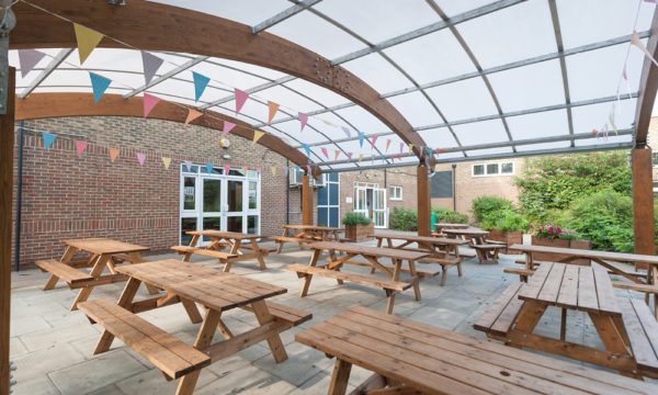 Timber dining canopy at Gumley House Convent School - TAURUS Glulam