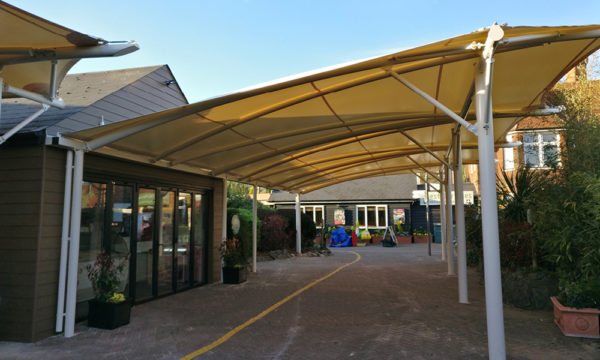 Steel frame tensile membrane canopy with PVC self cleaning and UV resistant fabric
