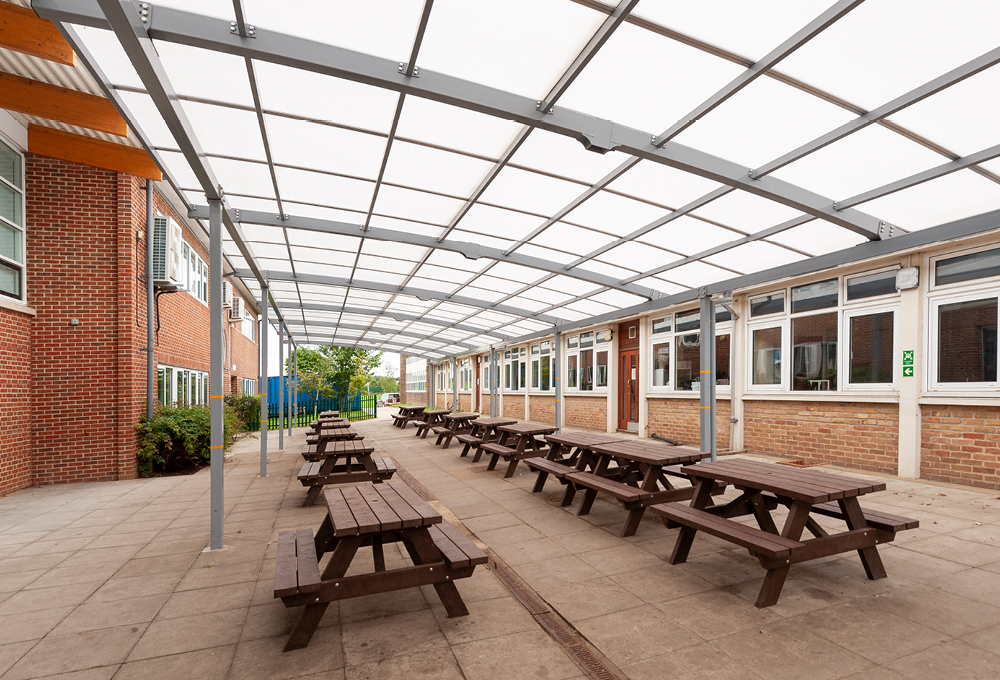 Polycarbonate canopy in Saffron Walden County High school, Essex
